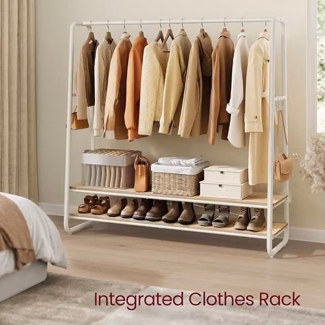 VASAGLE Industrial Bedroom Garment Rack with Shelves and Dual Hook and Rail Matrix in Sand and White, W/D/H: 160 x 45 x 45 cm