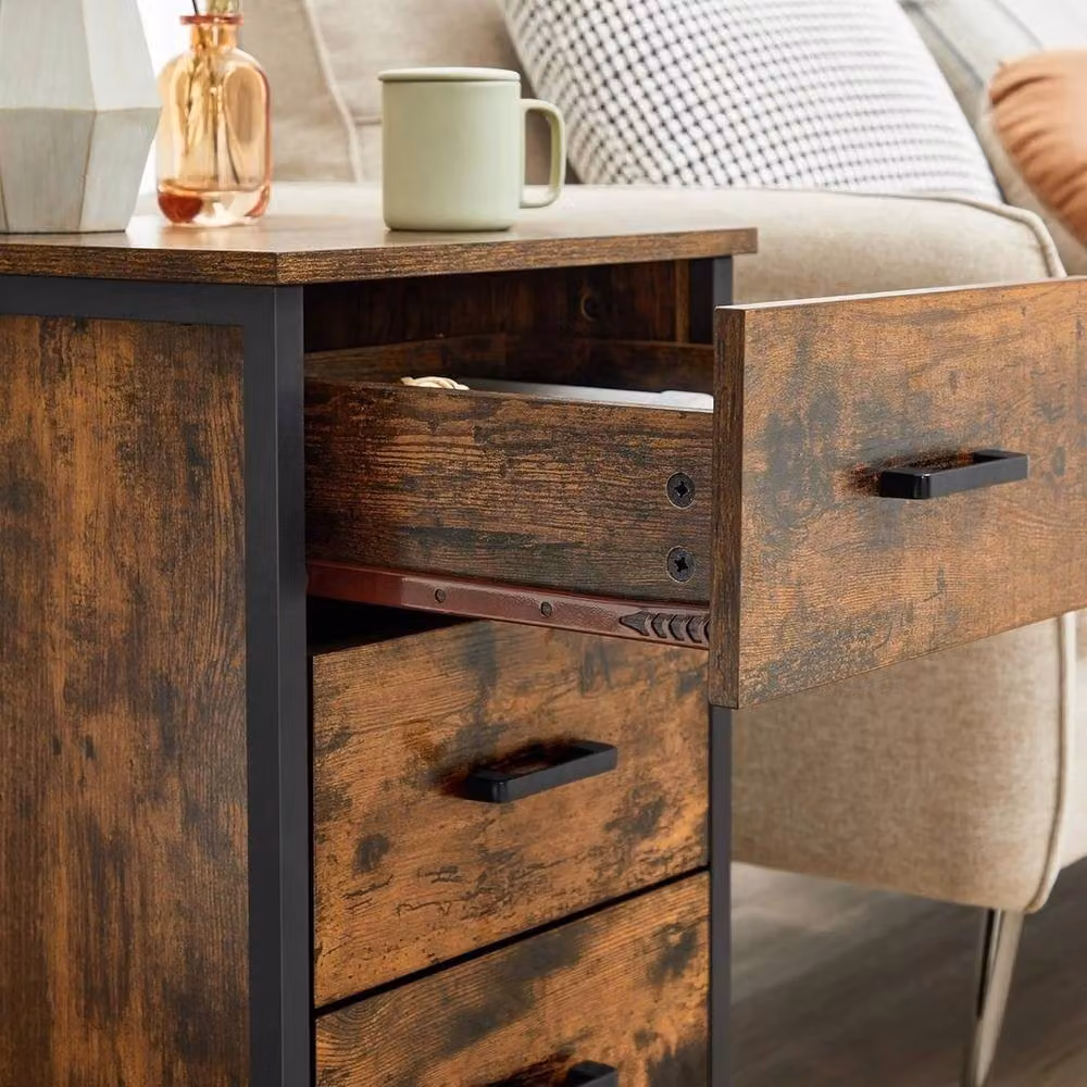 VOGREX Rustic Brown Bedside Table with 3 Drawers and Black Steel Frame – 3