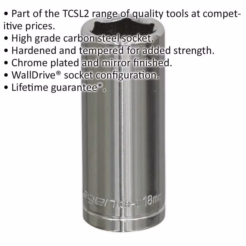 Loops 18mm Deep Drive Socket 3/8 inch Square Drive Chrome Plated Carbon Steel in Silver – 2