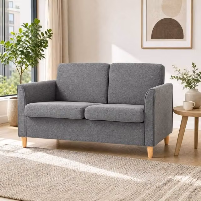 STILVORA 2 Seater Grey Fabric Upholstered Sofa with Wooden Legs