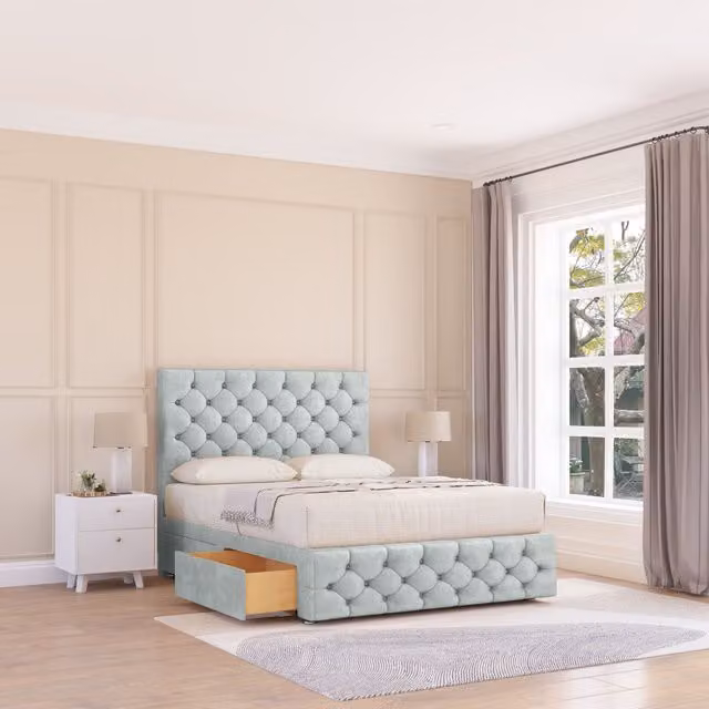 Sloomy Watson Chesterfield Upholstered Divan Bed Base with Headboard in Silver, Super King, W/D/H: 200 x 200 cm