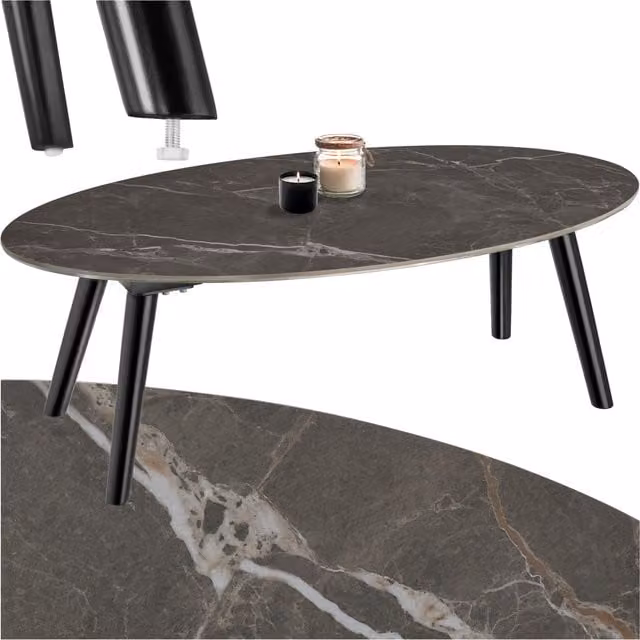 Tectake Modern Nesting Coffee and Side Tables with Black Marble Effect Oval Tops, W: 100 cm, D: 50 cm, H: 34.5 cm