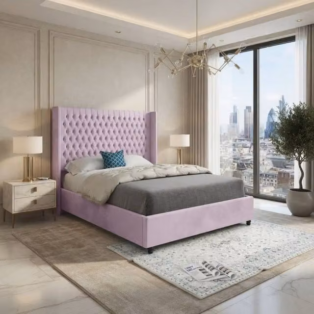 KDMD Welbury Winged Upholstered Designer Bed Frame in Pink Soft Velvet, Size: Double (140 x 200 cm) – 1