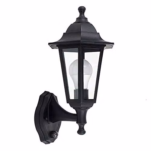 MiniSun Set of 2 Traditional Black Security PIR Motion Sensor Outdoor Wall Lanterns with 10W Warm White LED Bulbs, Mains Wired
