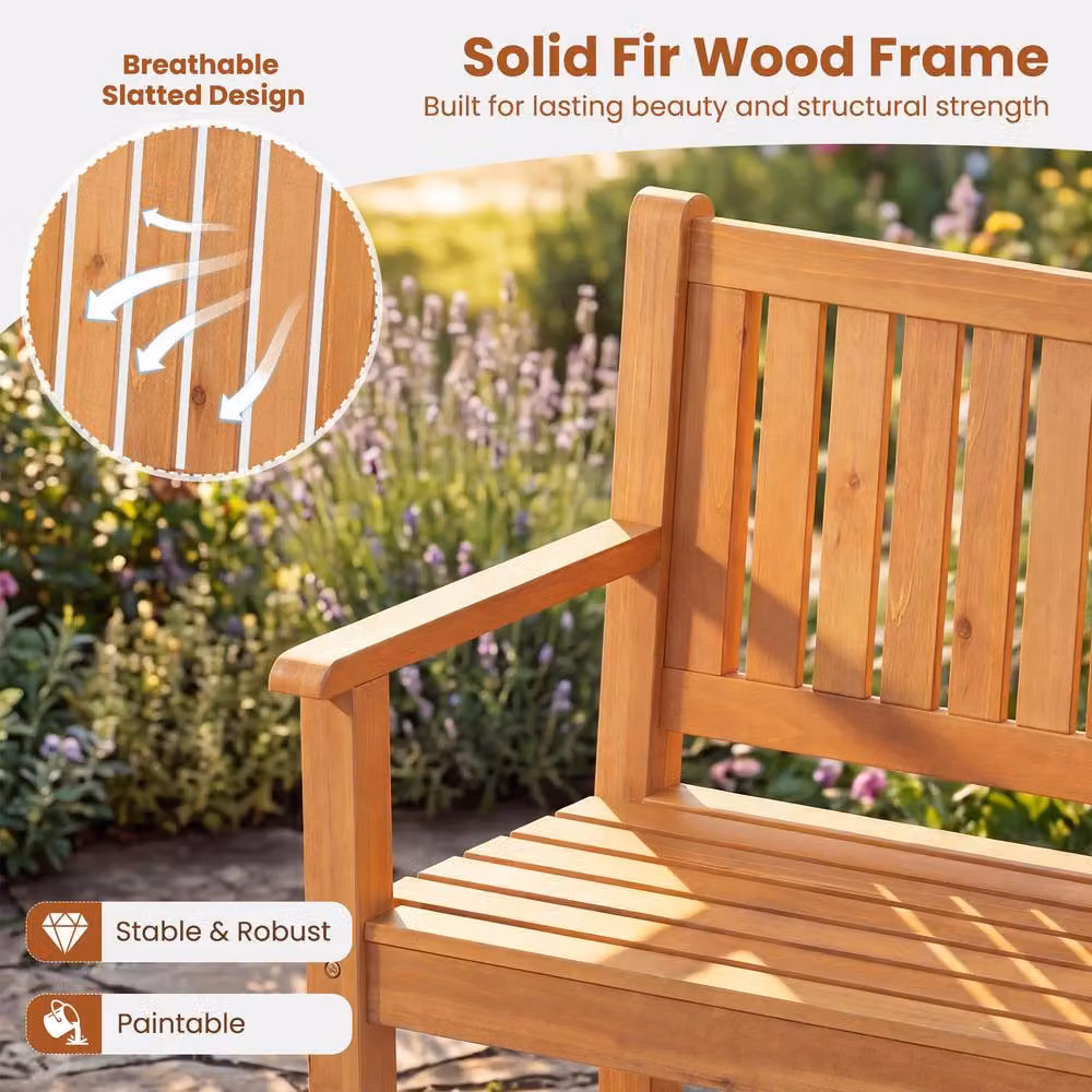 Costway 3-Seater Wooden Garden Bench with Backrest and Armrests in Natural Brown – 7