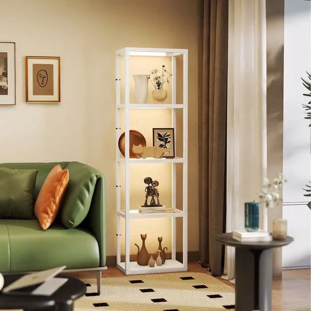 HOMCOM Dimmable LED Floor Lamp with Glass Shelves in White