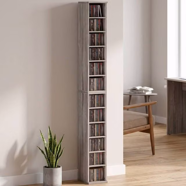 ERGOVEXA Set of 2 Grey Wall Mounted CD Media Display Tower Racks with Adjustable Shelves and Back Panel