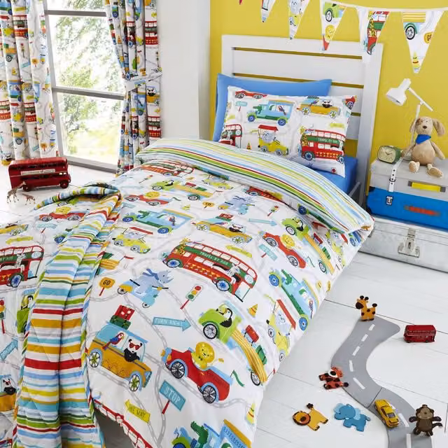 Happy Linen Company Zoo Escape Animals Reversible Duvet Cover and Pillowcase Bedding Set, White and Multicolour, W: 90 cm, L: 200 cm