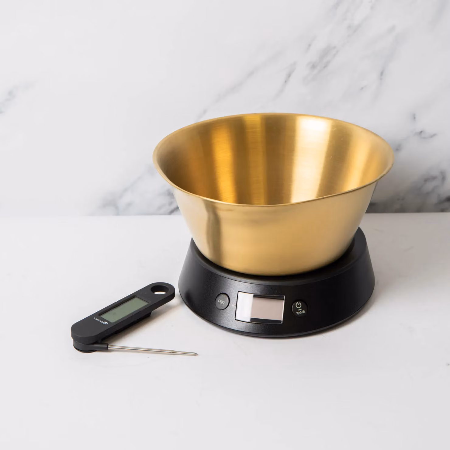 MasterClass 2-Piece Kitchen Tool Set with 5kg Digital Weighing Scale and Gold Finish Bowl and Folding Digital Thermometer – 2