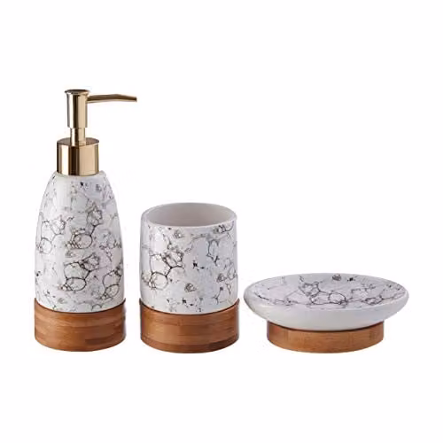 Orsina 3 Piece Bubble Print Bathroom Accessories Set with Bamboo Base in White and Black