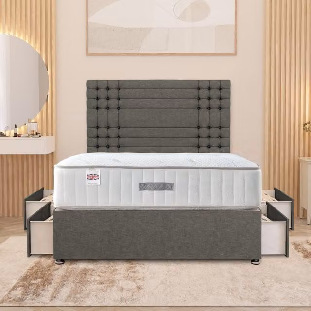 Somnior Beds Ltd Saville Linen Divan Bed Set with 32 inch Headboard and Orthopaedic Mattress in Silver Grey, W/D/H: 180 x 200 cm