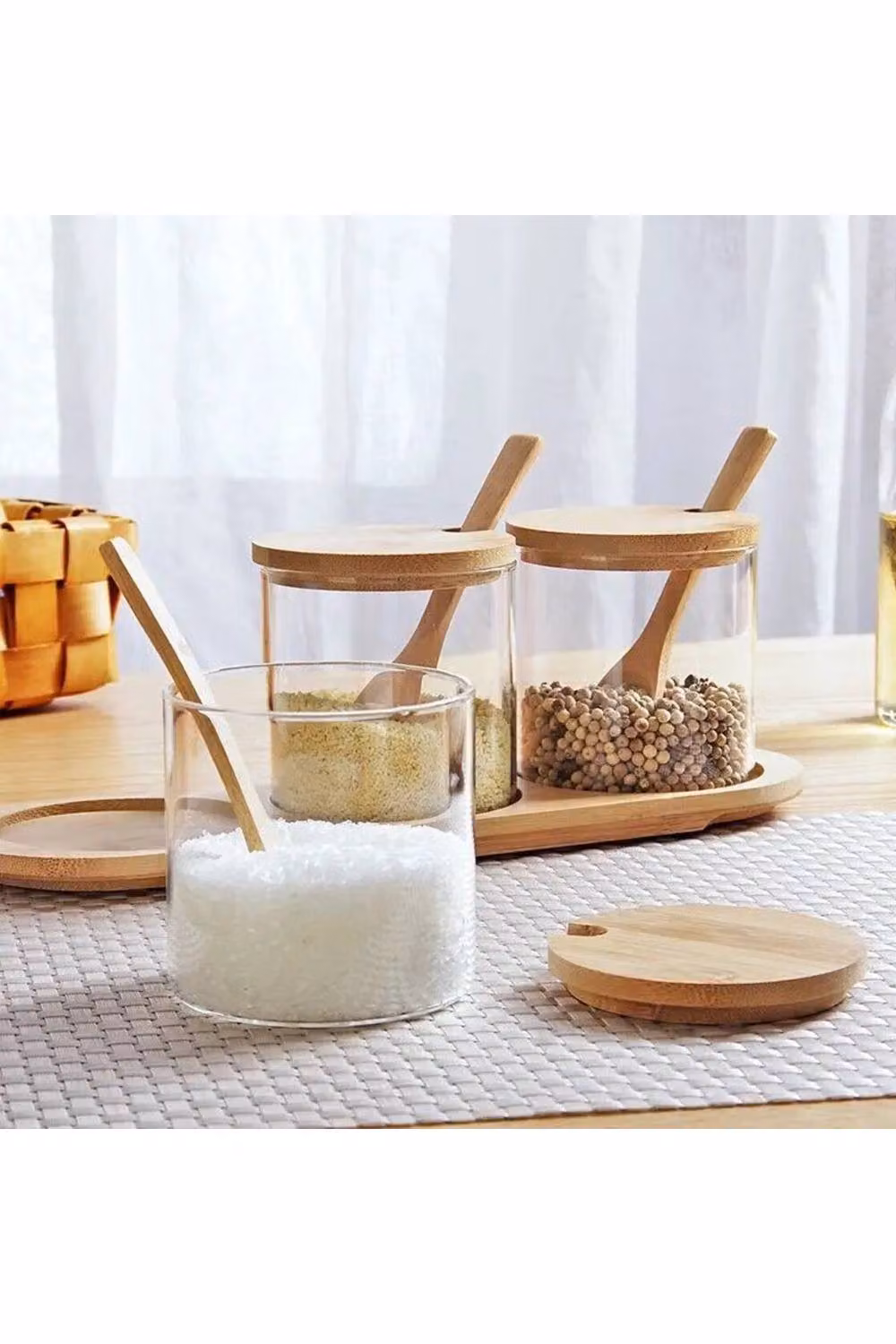 Living and Home 3-Piece Glass Spice Jar and Seasoning Box Set with Bamboo Spoons and Base in Clear – 2