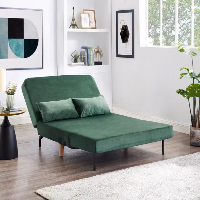 George Green Velvet Double Futon Sofa Bed with Scatter Cushions