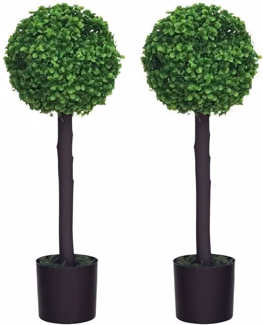 VOGREX Set of 2 Green Artificial Round Boxwood Ball Trees for Indoor or Outdoor Use, Diameter: 60 cm
