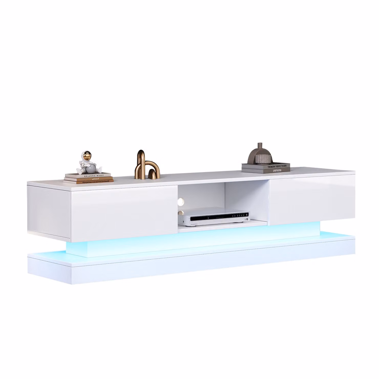 Aosom UK White High Gloss TV Table with 16-Colour LED Lights and 2 Drawers for TVs up to 79 inches – 2