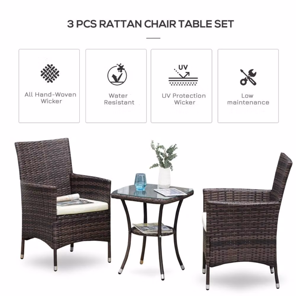STILVORA 3-Piece Bistro Set with Cushions in Brown Rattan Look and Matt Steel – 3