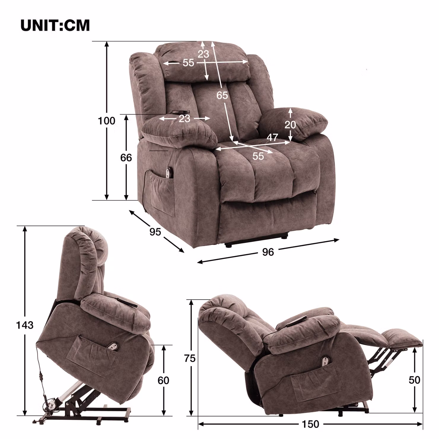 Aosom UK Brown Power Lift Recliner Massage Chair with Heat and Vibration, W/D/H: 96 x 95 x 100 cm – 3