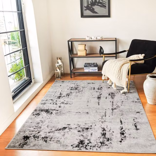 Livabliss Pisa Modern Abstract Marble Rug in Black, White and Grey, W: 140 cm, L: 200 cm – 1