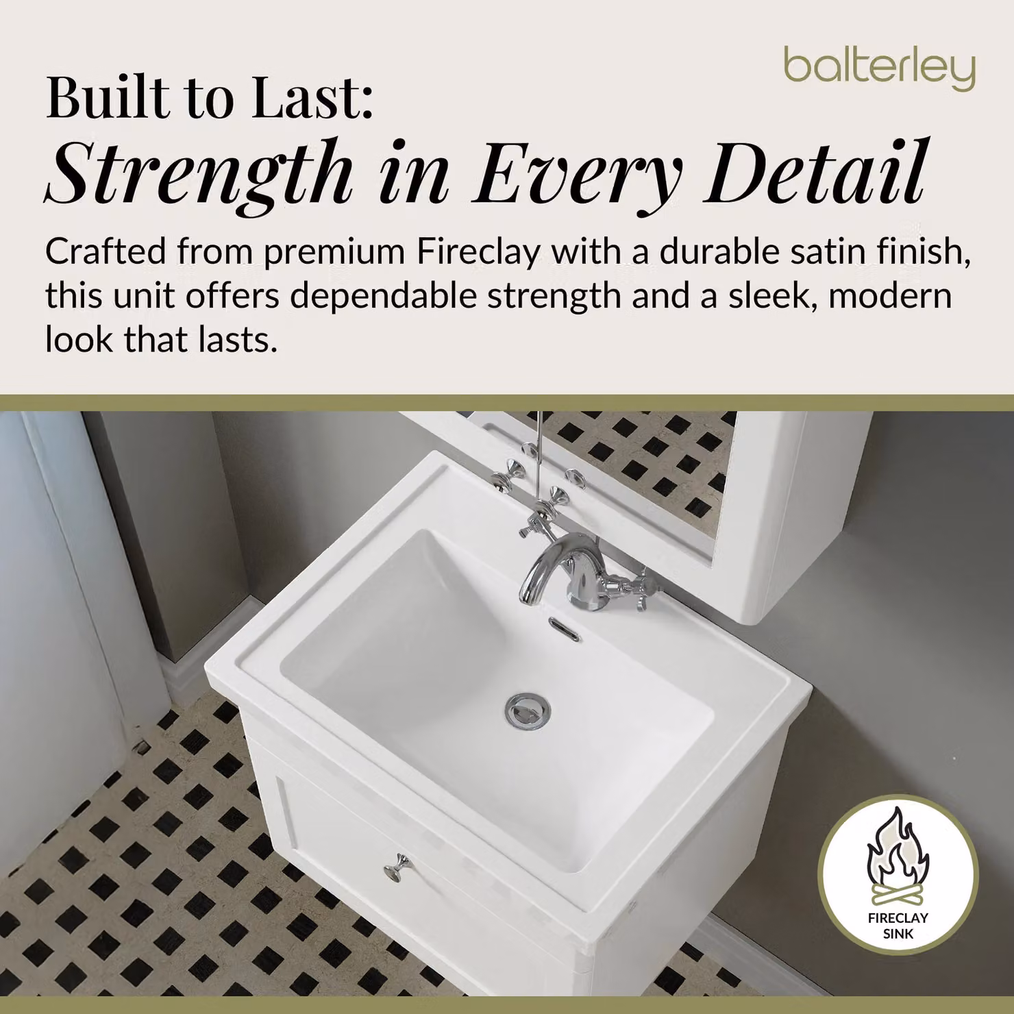 Balterley Wall Hung 1-Drawer Bathroom Vanity Unit and Fireclay Basin, White, W: 60 cm – 3
