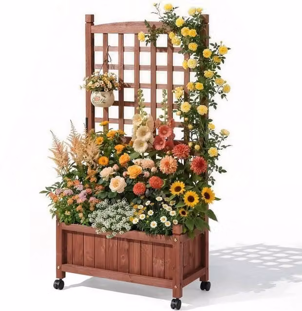 Kelvenix Wooden Raised Garden Bed with Trellis in Brown, W: 63 cm, D: 30 cm, H: 127 cm