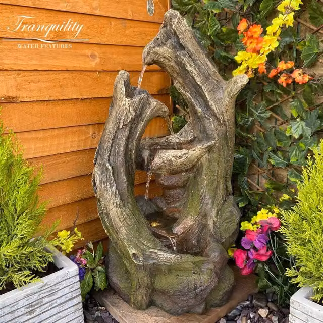 Tranquility Pooling Moss Wood Effect Solar Cascade Water Feature in Grey