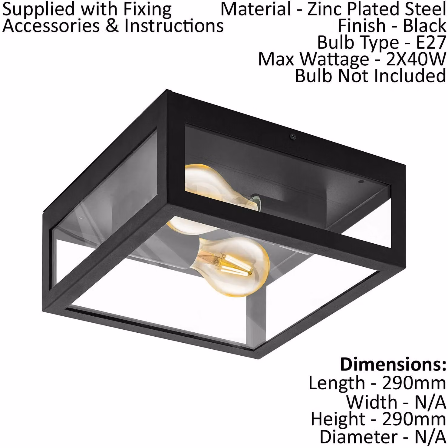 Loops Pack of 2 Black Metal and Glass IP44 Outdoor Wall Lanterns for Garden and Porch with E27 Socket – 2