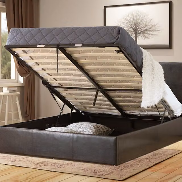 Modernique Bilancio Upholstered Storage Bed in Dark Brown Faux Leather, W/D/H: 140 x 200 cm