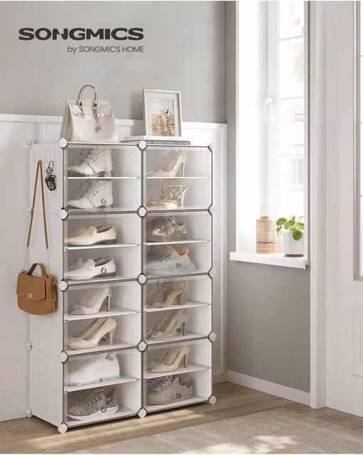 SONGMICS White Interlocking Plastic and Metal Shoe Storage Cabinet with Transparent Glass Doors and Ventilation