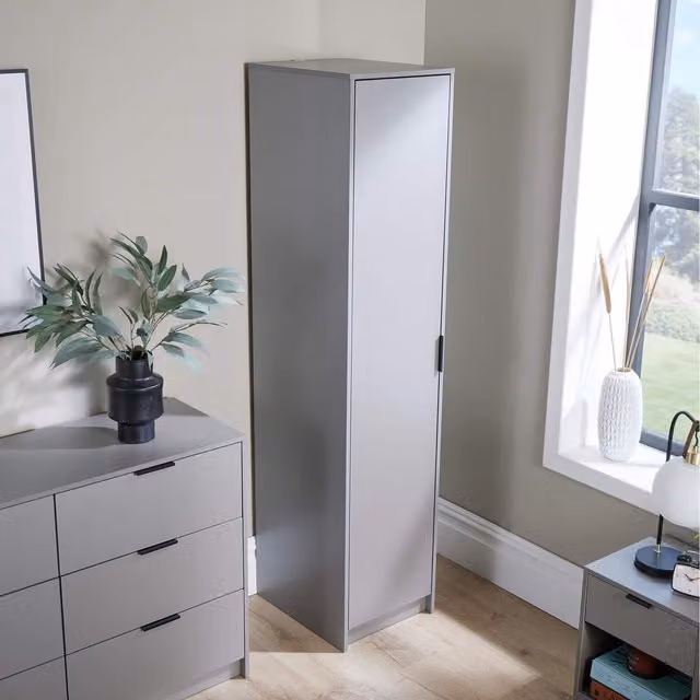 Home Source Phoenix Slim Wardrobe in Grey with Hinged Doors and Internal Shelving