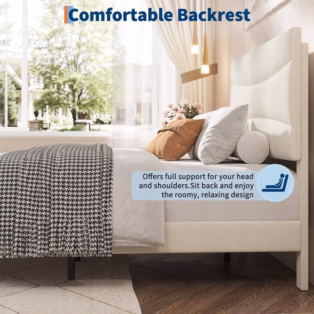 London Boutique Double Size Upholstered Bed Frame with Headboard in Beige, W/D/H: 140 x 200 cm – 3