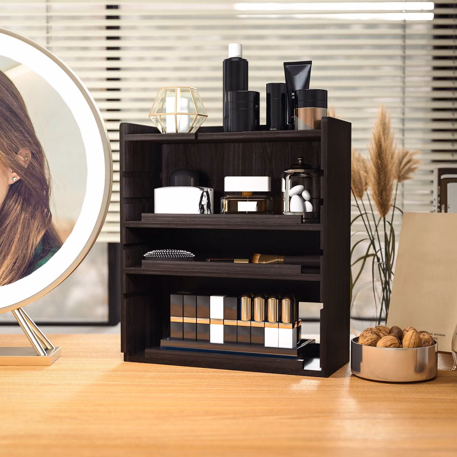 HOMCOM Four-Tier Desktop Organiser in Brown Oak with Adjustable Shelves – 5