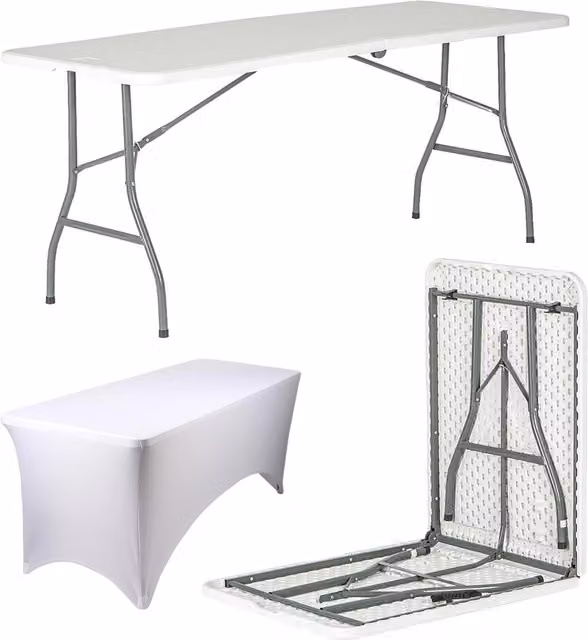 Harbour Housewares White Folding Picnic Table with Fitted Plastic Tablecloth