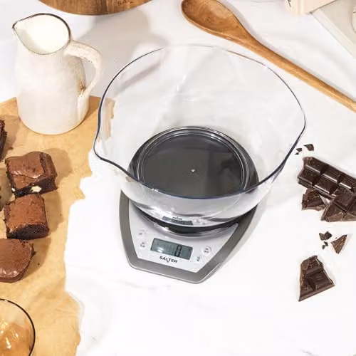 Salter Dual Pour Digital Kitchen Scale in Silver with 2L Bowl and 5kg Capacity – 6