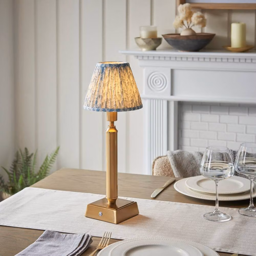 Netlighting Trobridge Rechargeable LED Table Lamp with Blue Fabric Leaf Shade and Brass Base – 2