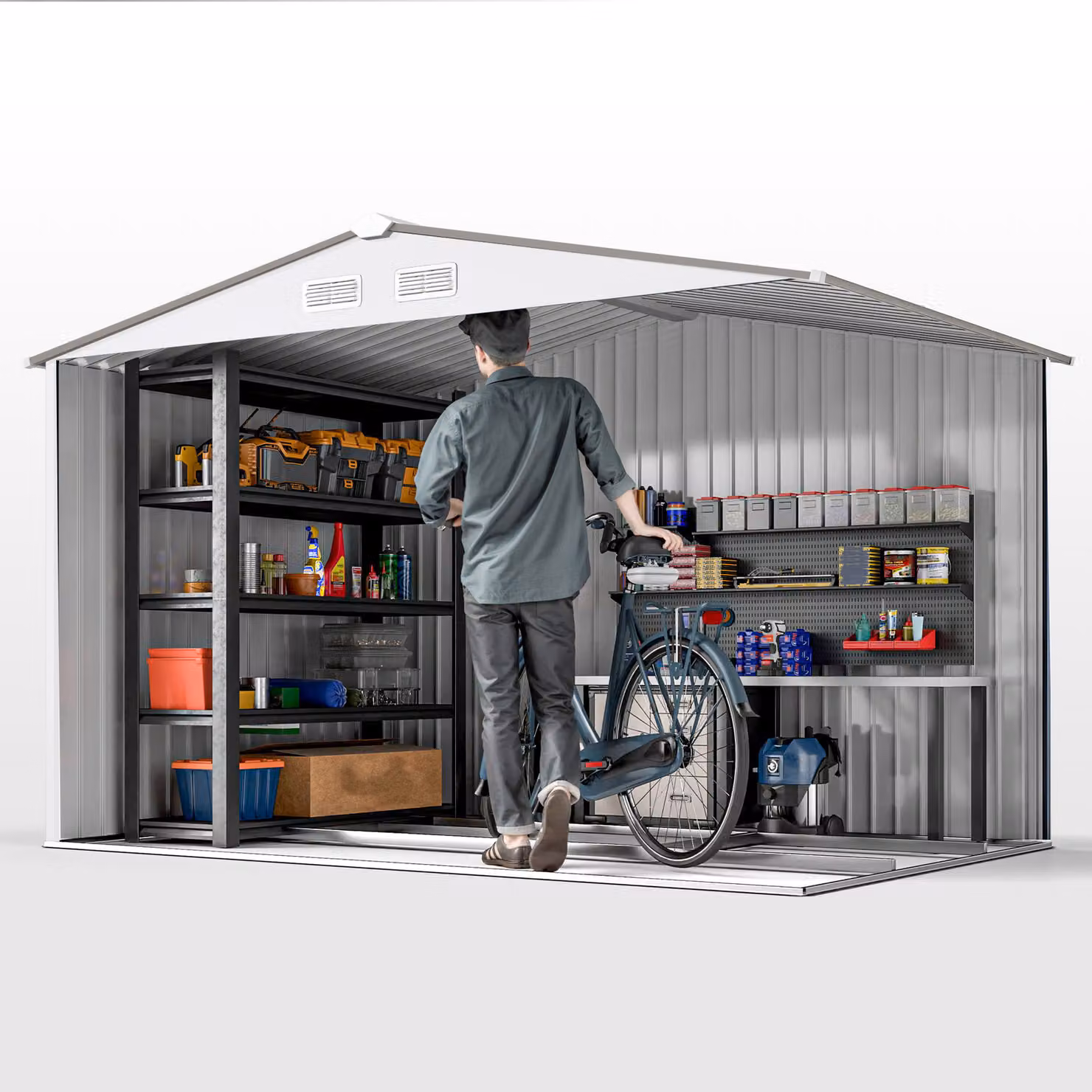Outsunny Grey Metal Pent Garden Storage Shed with Double Doors and Floor Foundation, W: 274.3 cm, D: 182.9 cm, H: 183.0 cm – 7