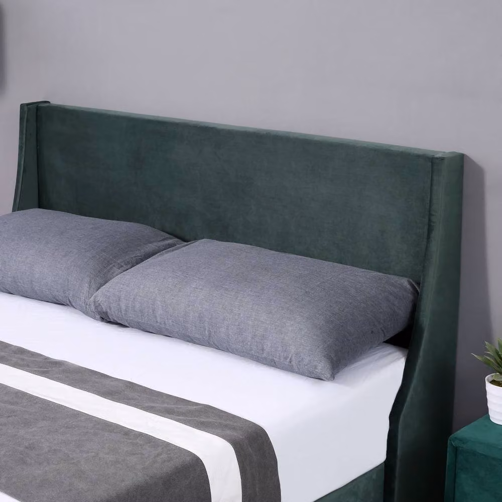 Rolipo Dark Green Velvet Double Bed with Upholstered Frame and Winged Headboard – 9
