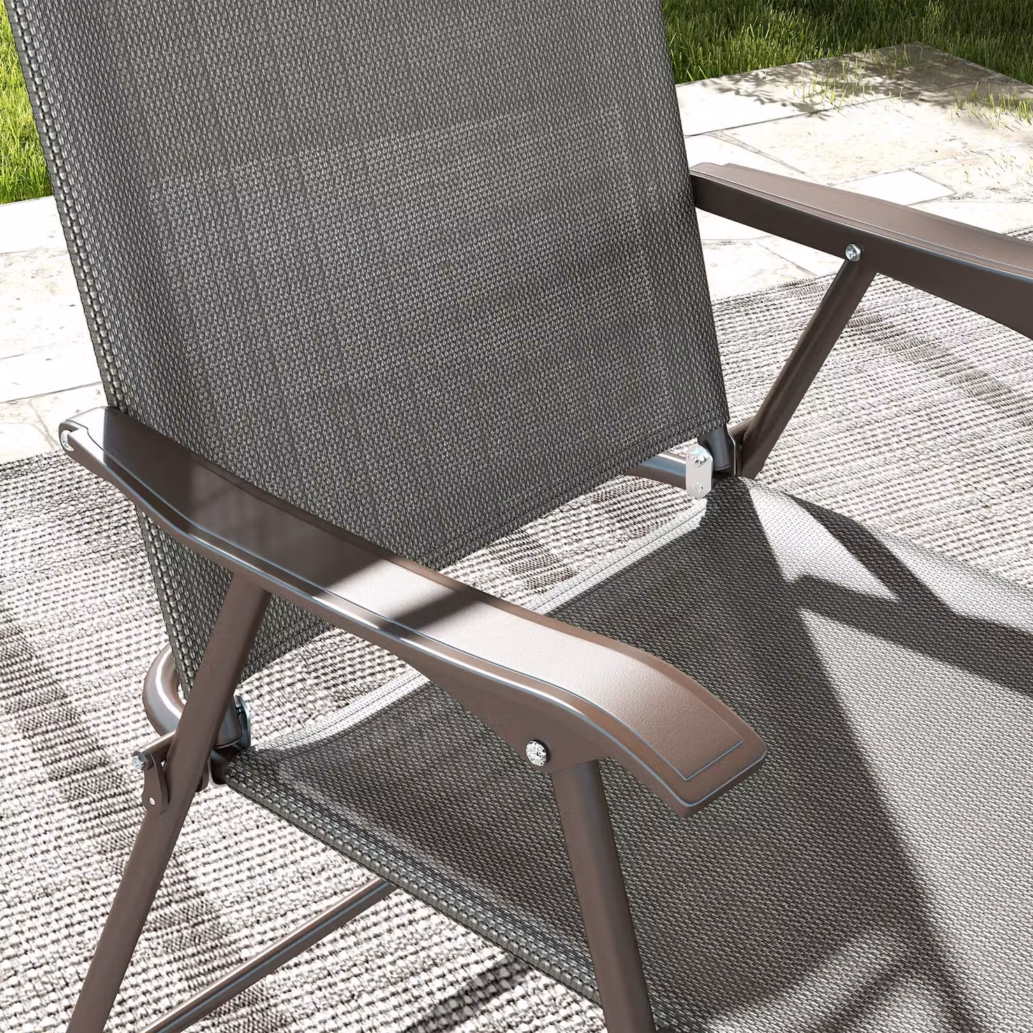 Outsunny Set of 2 Grey Folding Patio Camping Chairs for Adults with Armrests and Textilene Mesh Seats – 7