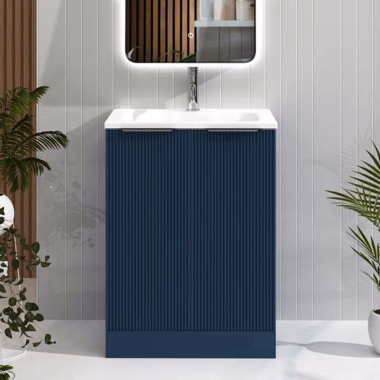 Royal Bathrooms Evora Midnight Blue Fluted Floor Standing 2 Door Vanity Unit with Matt Stone Basin