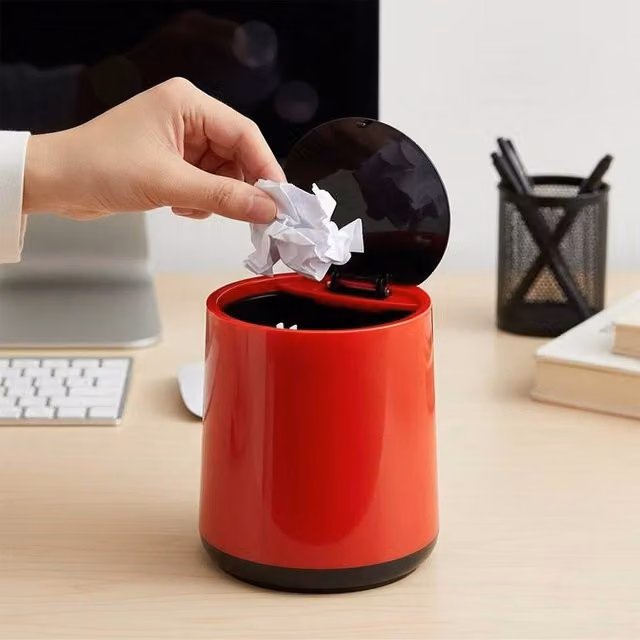 KORVIXA Red and Black Touch Desktop Mini Bin with Lid Cover