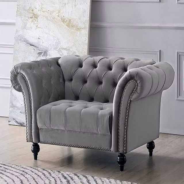 Mayfield 1.5-Seater Chesterfield Sofa Chair in Grey Velvet Fabric