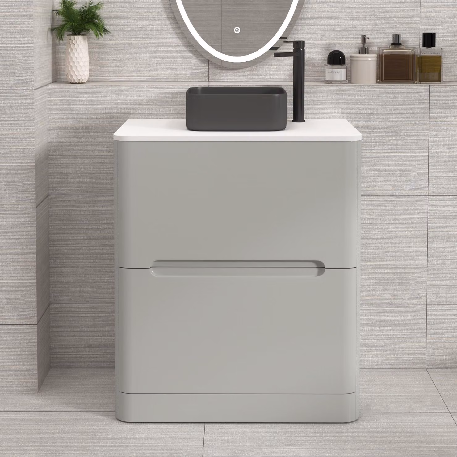 Royal Bathrooms Venice 700mm Floor Standing Vanity Unit in Dove Grey with 2 Drawers, Plain White Worktop and Art Square Basin