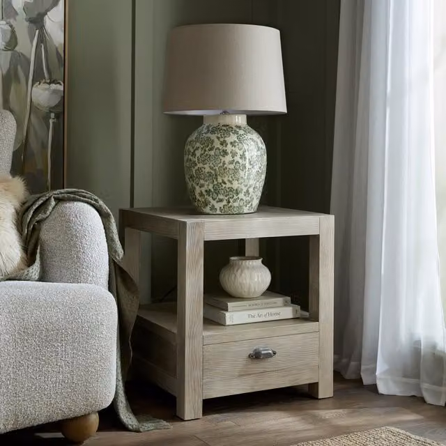 KDMK Haldon 1 Drawer Side Table with Shelf and Open Storage in Brown and Beige Wood