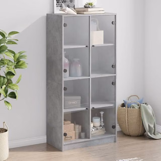 Berkfield Home Modern Highboard with Glass Doors in Concrete Grey, W/D/H: 68 x 37 x 142 cm