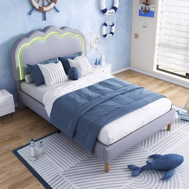 Matteo Grey Linen Upholstered Single Bed Frame with LED Under-Bed Lighting W/D/H: 90 x 190 cm