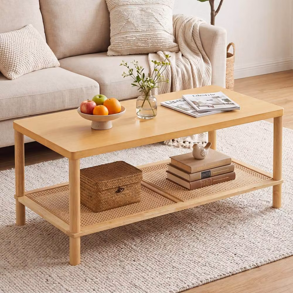 Costway Boho Rectangular Coffee Table in Brown Rubberwood and Rattan – 2