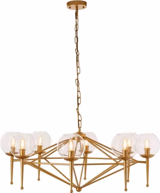 Fifty Five South Orsina 8 Arm Geo Pendant Lamp in Gold and Brass with Transparent Glass Globes