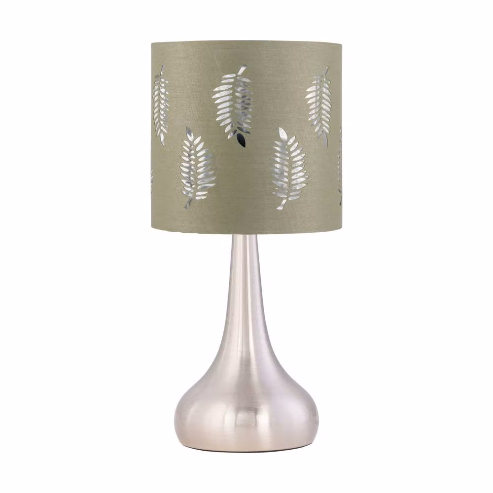 First Choice Lighting Romana Set of 2 Brushed Chrome Touch Table Lamps with Sage Green Fern Silver Fabric Shades – 2