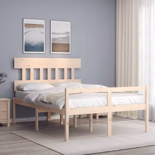 Berkfield Home Small Double Bed Frame with Headboard in Brown Solid Pine Wood W/D/H: 120 x 200 cm – 1