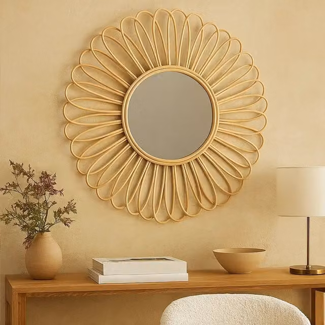 Interiors by Premier Round Boho Rattan Wall Mirror in Gold and Brown