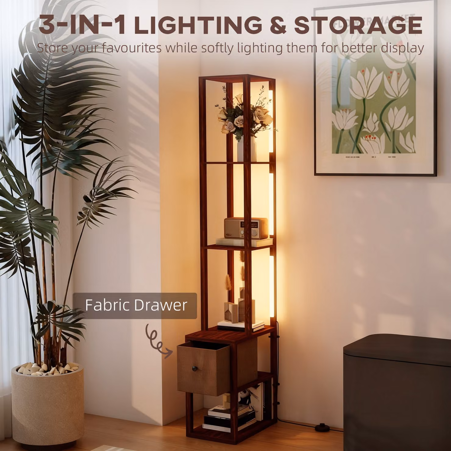 HOMCOM Modern LED Floor Lamp with Shelves and Fabric Drawer, Dimmable Warm White Column Standing Lamp in Dark Brown, H 169 x W 26.5 x D 26.5 cm – 4